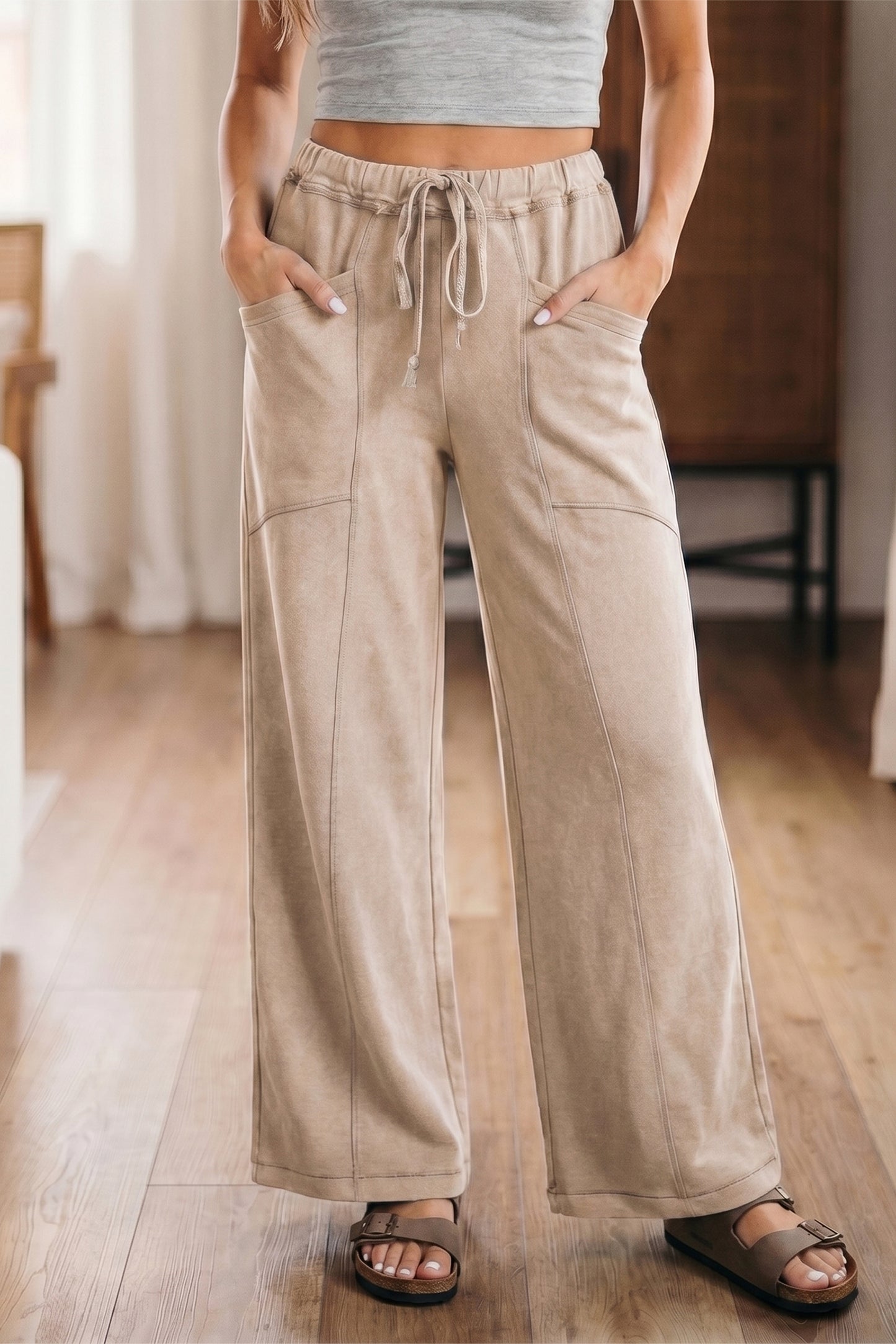Smoke Gray Mineral Wash Drawstring Retro High-Waist Wide-Leg Pants