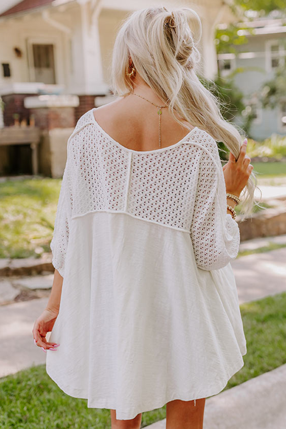 White Eyelet Patchwork Oversized V-Neck Blouse