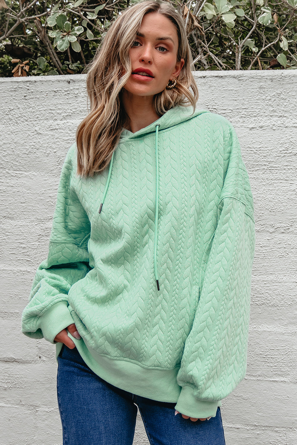 Moonlight Jade Cable-Texture Oversized Hoodie