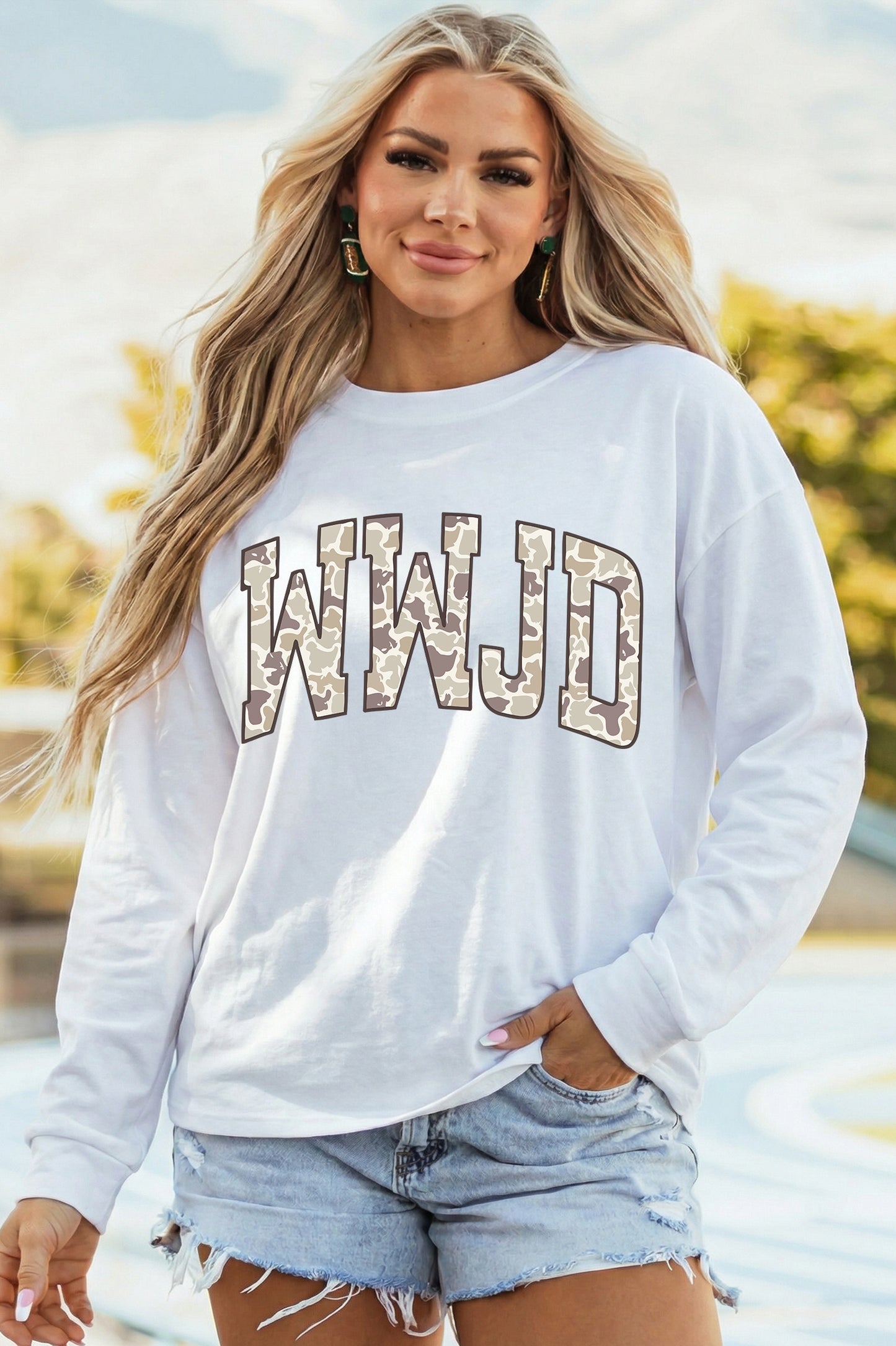 White WWJD Camo-Letter Long-Sleeve T-Shirt
