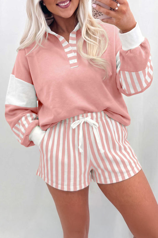 Striped Color-Block Pullover and Drawstring Shorts Set