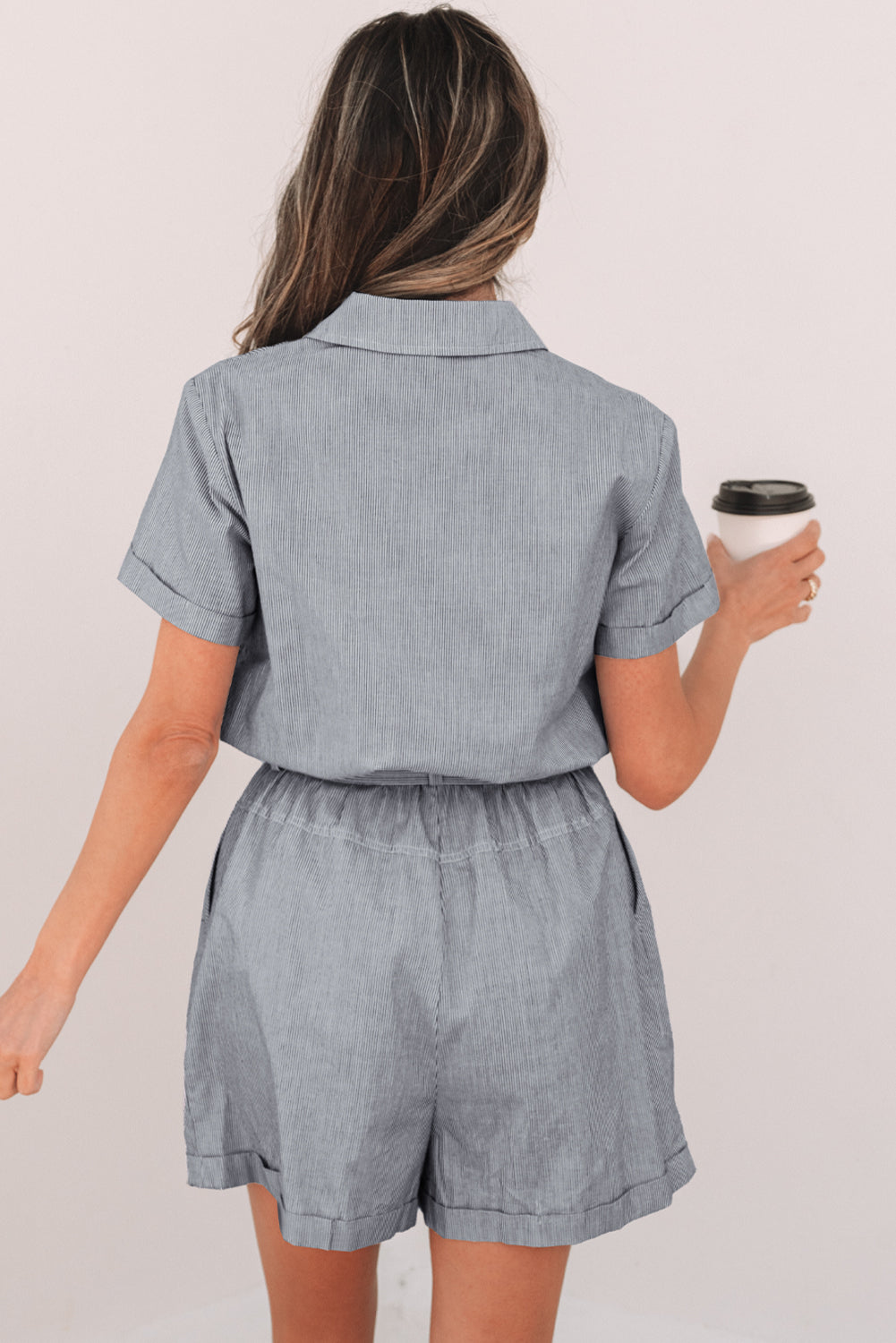 Blue Stripe Belted Shirt Romper