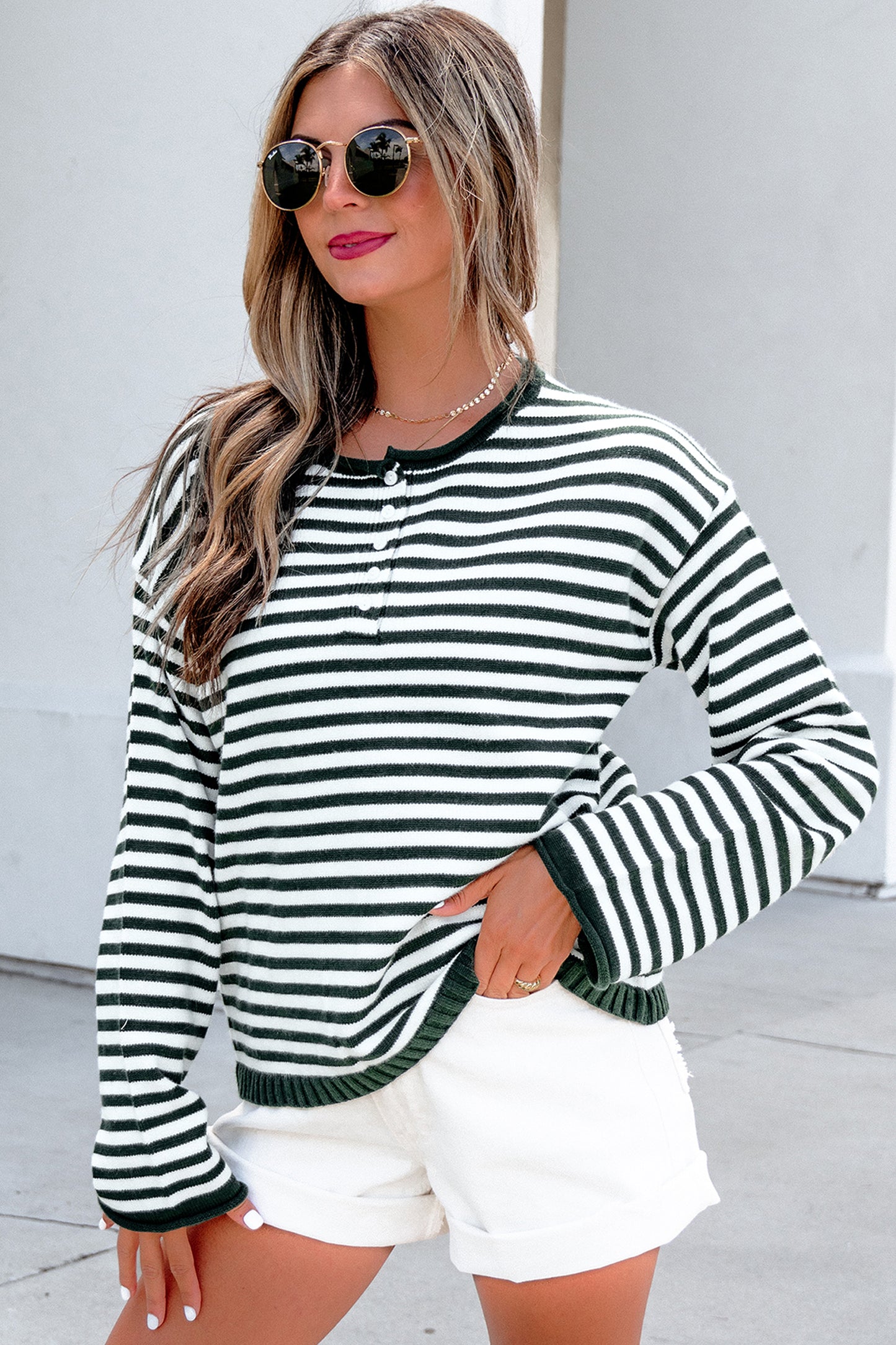 Green Striped Button-Placket Sweater