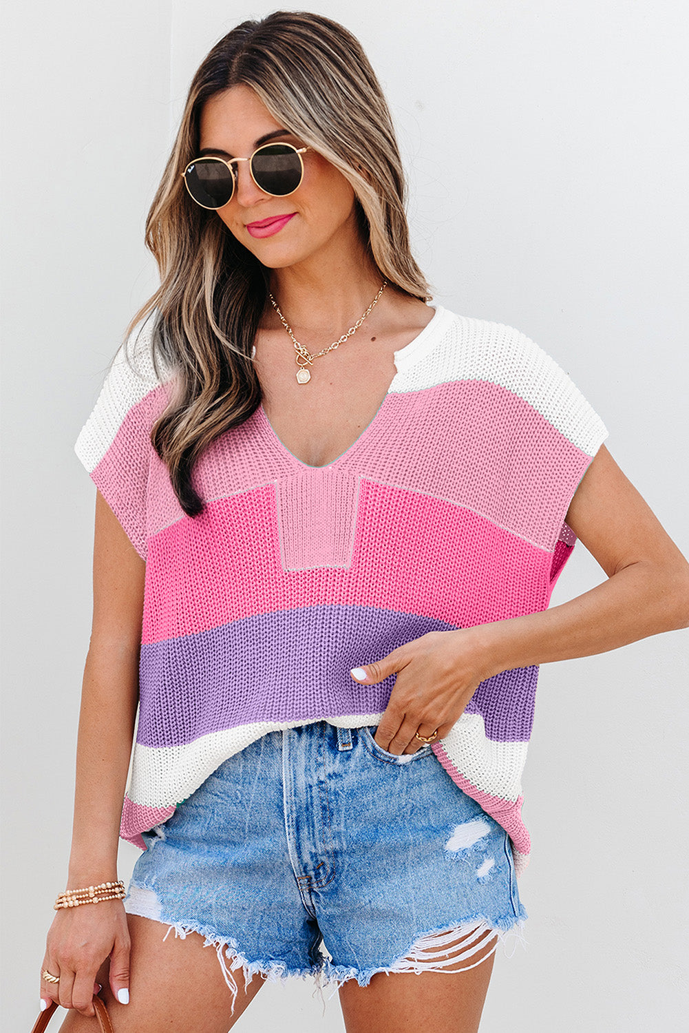 Light Blue Color-Block Notch-Neck Knit Top