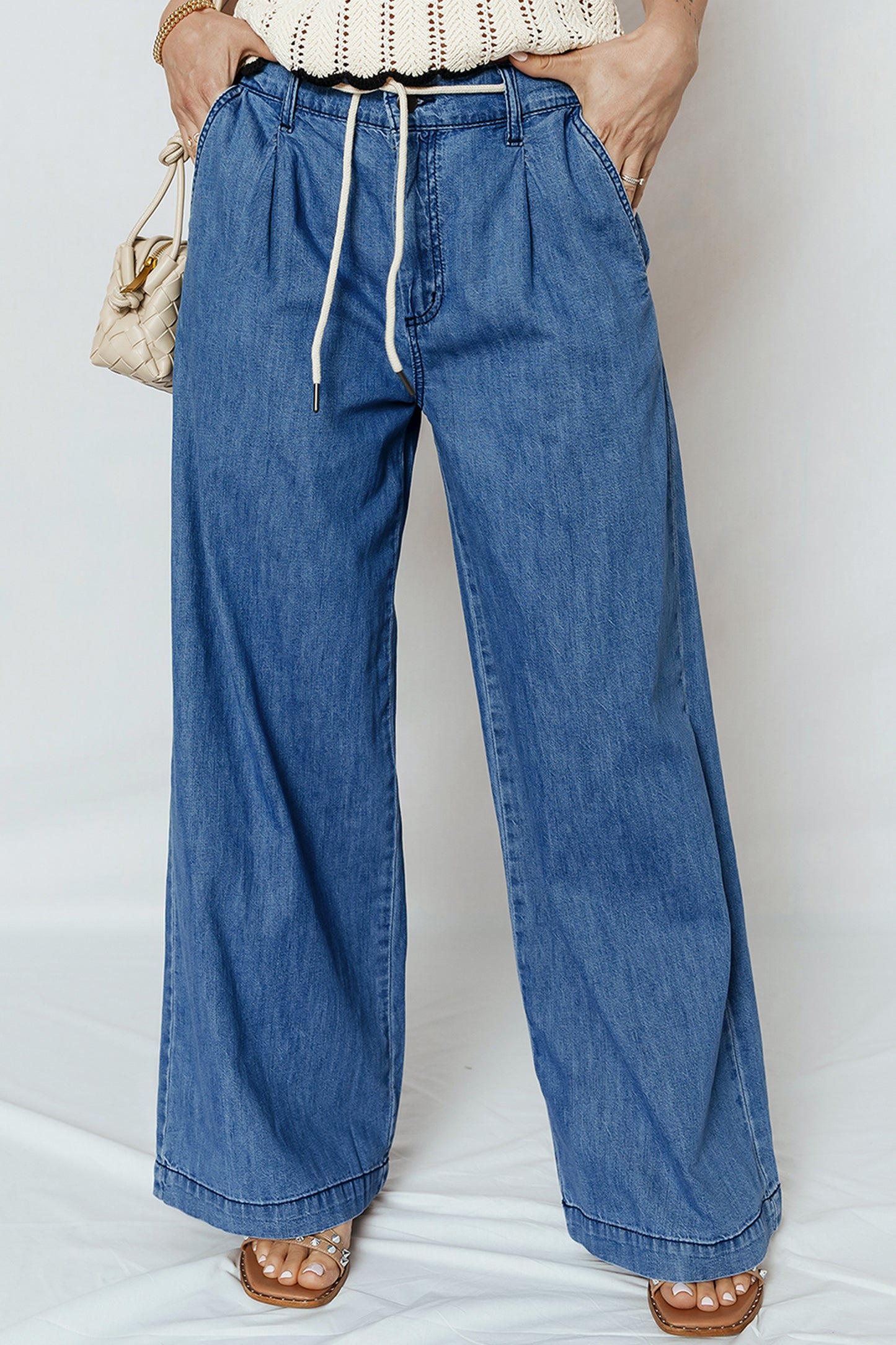 Dusk Blue Lace-Up Wide-Leg Jeans