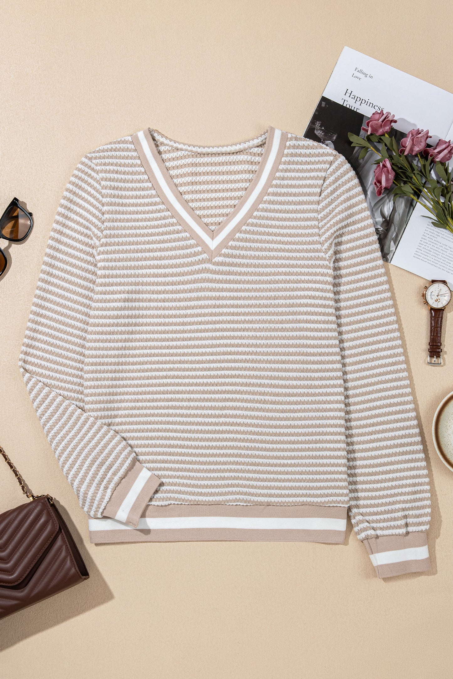 Beige Striped Textured V-Neck Knit Top