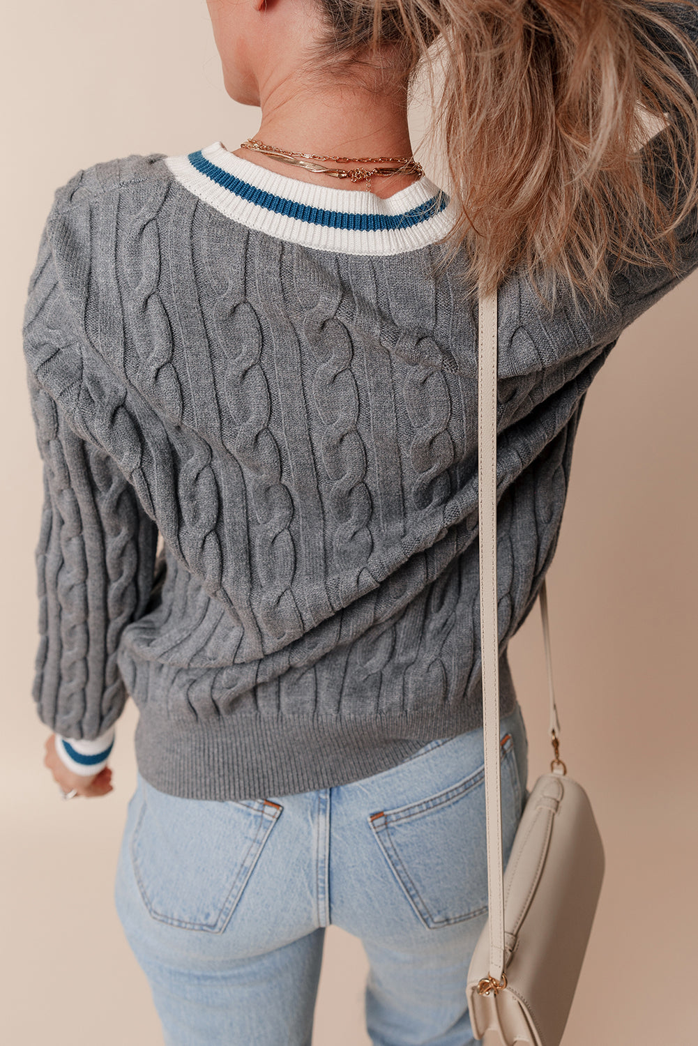 Medium Gray Contrast-Trim Cable-Knit V-Neck Sweater
