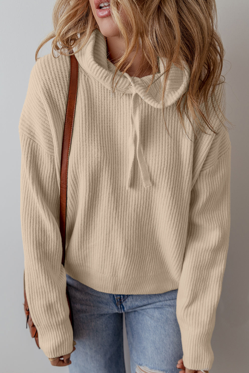 Beige Drawstring-Hood Knit Pullover Sweater