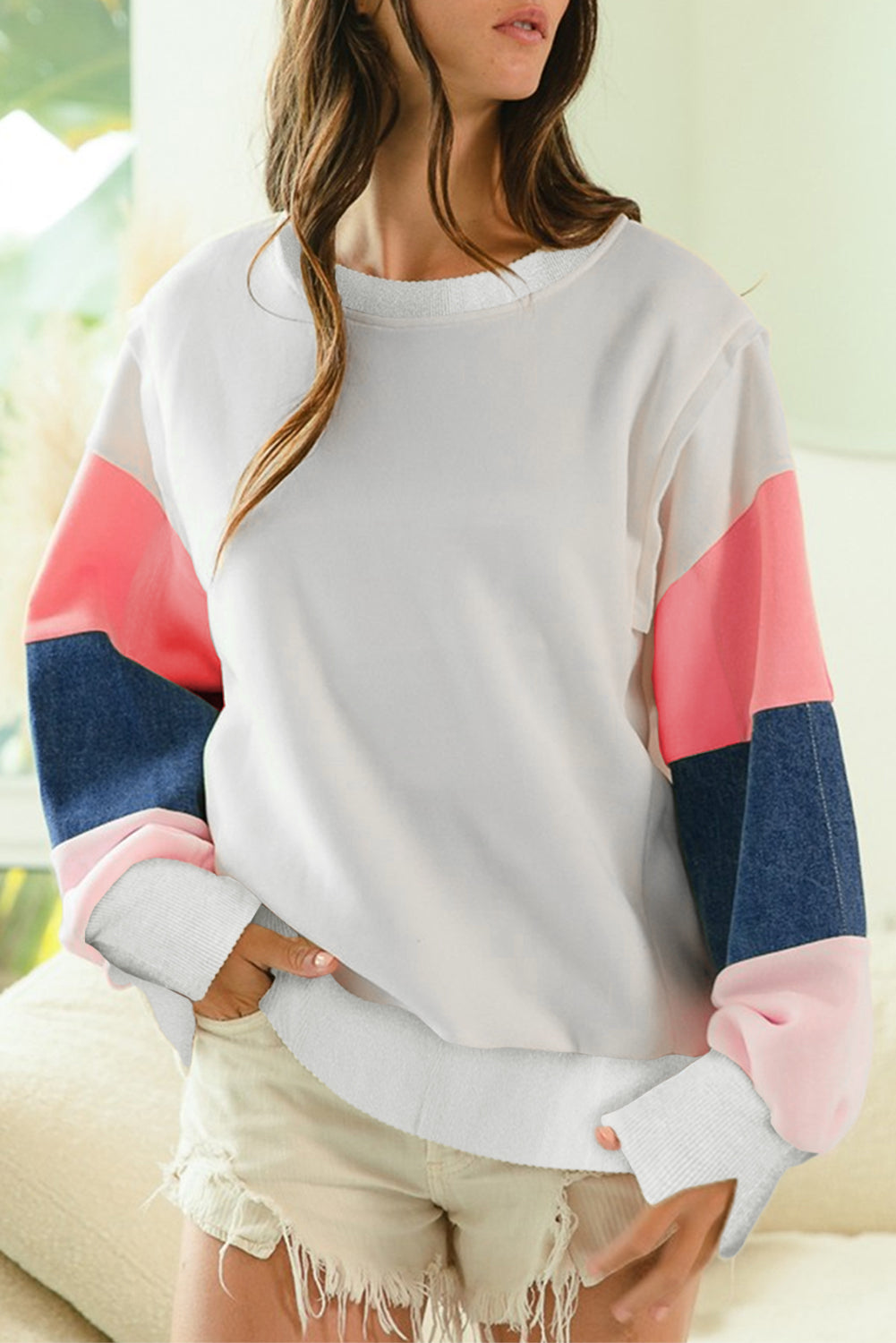 White French Terry Color Block Long-Sleeve Top