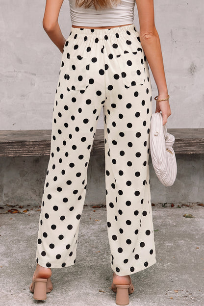 White Polka-Dot Straight-Leg Pants