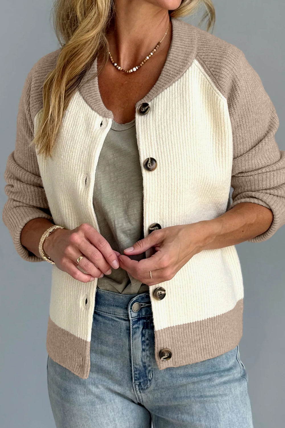 White Ribbed Color-Block Cardigan