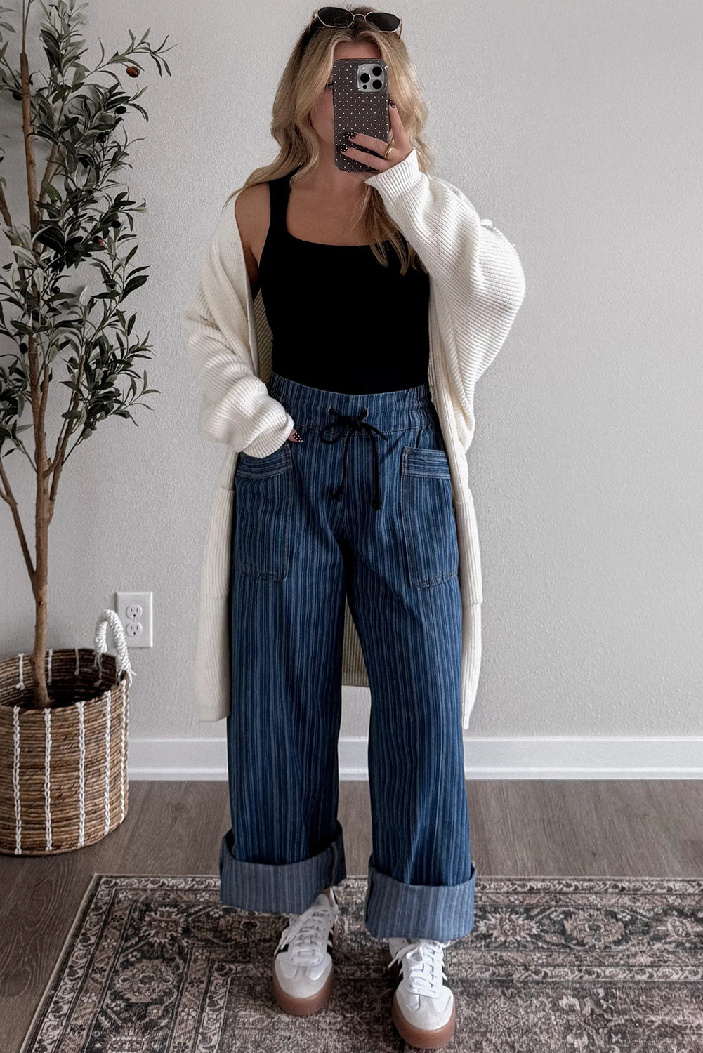 Blue Stripe Drawstring Wide-Leg Jeans