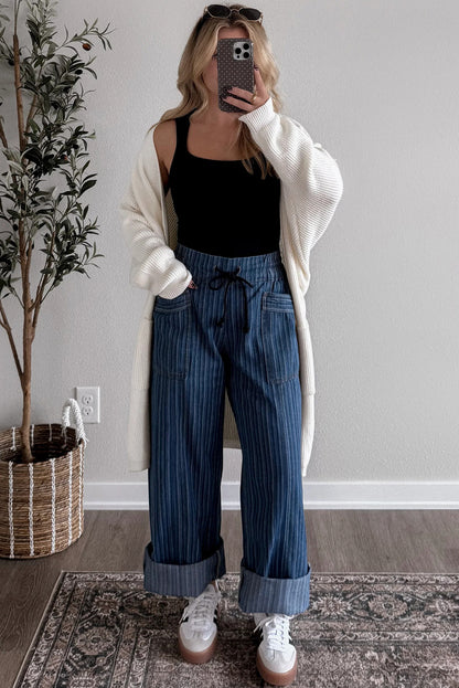 Blue Stripe Drawstring Wide-Leg Jeans