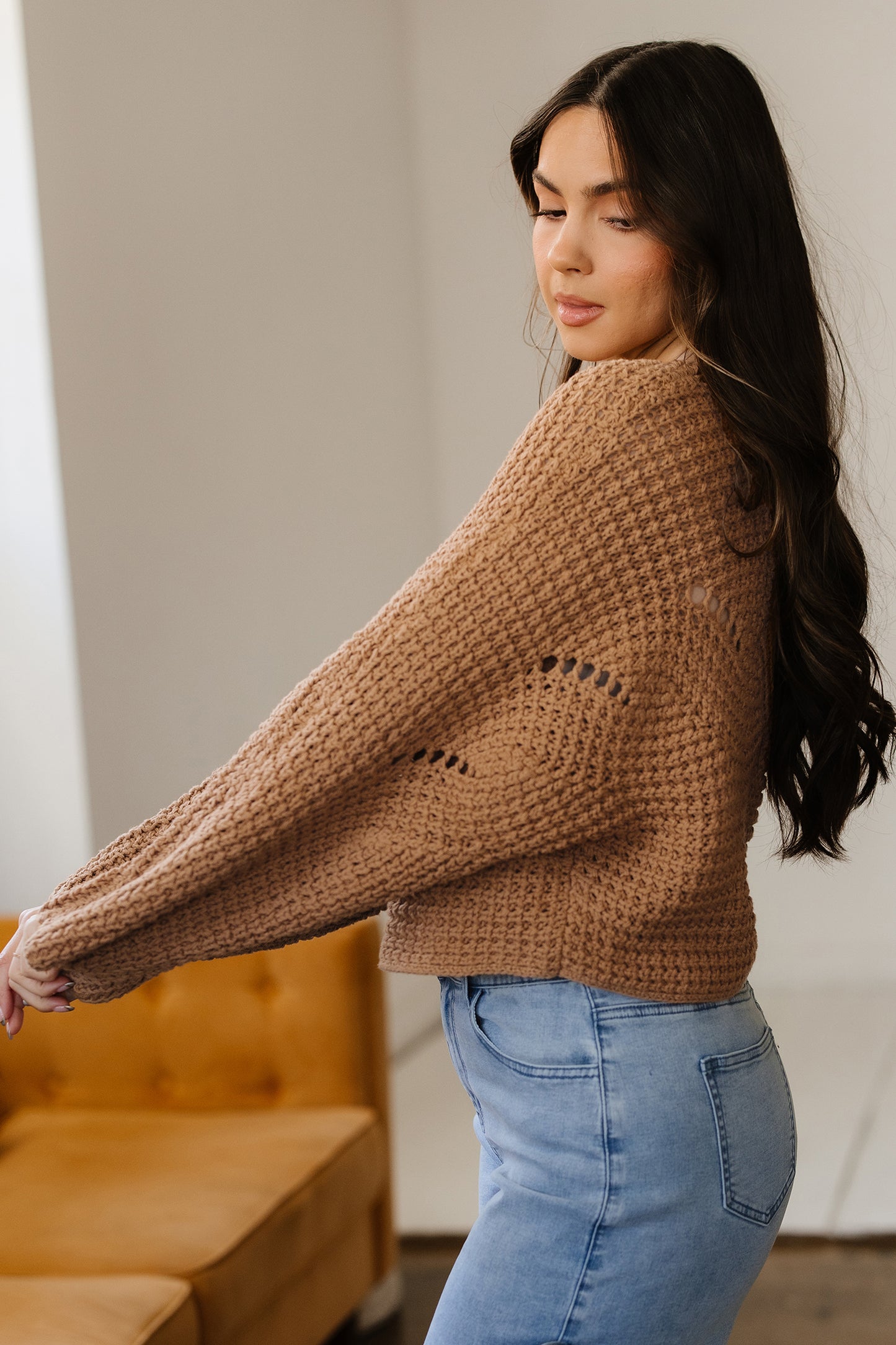 Camel Open-Knit Wide-Sleeve Sweater