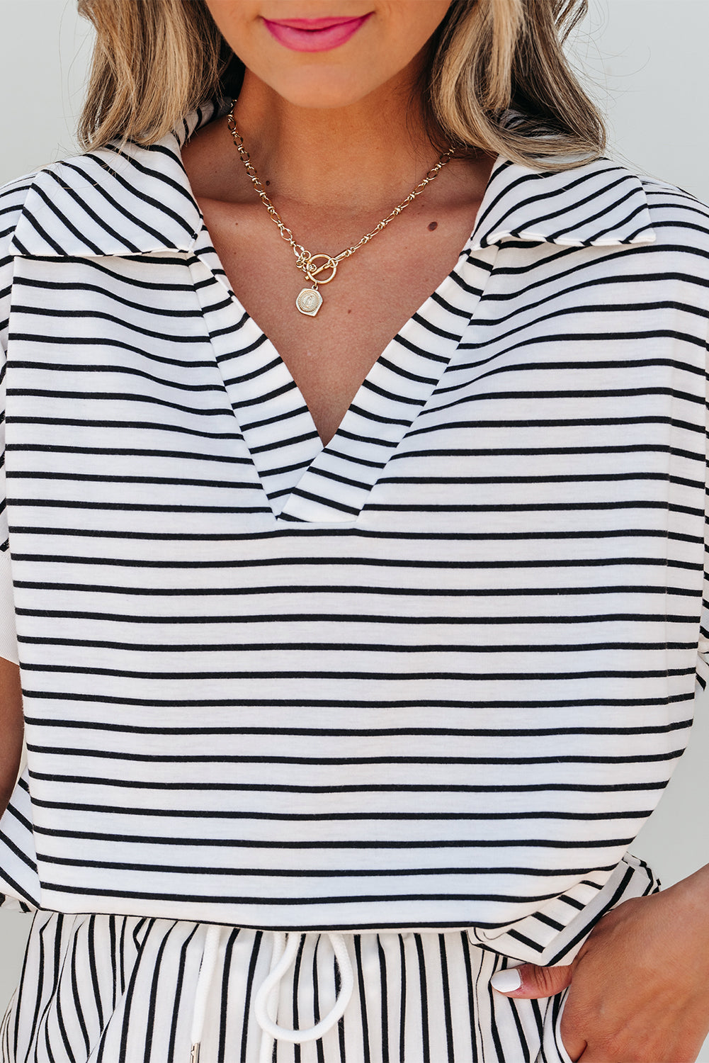Black Stripe V-Neck Tee & Shorts Set