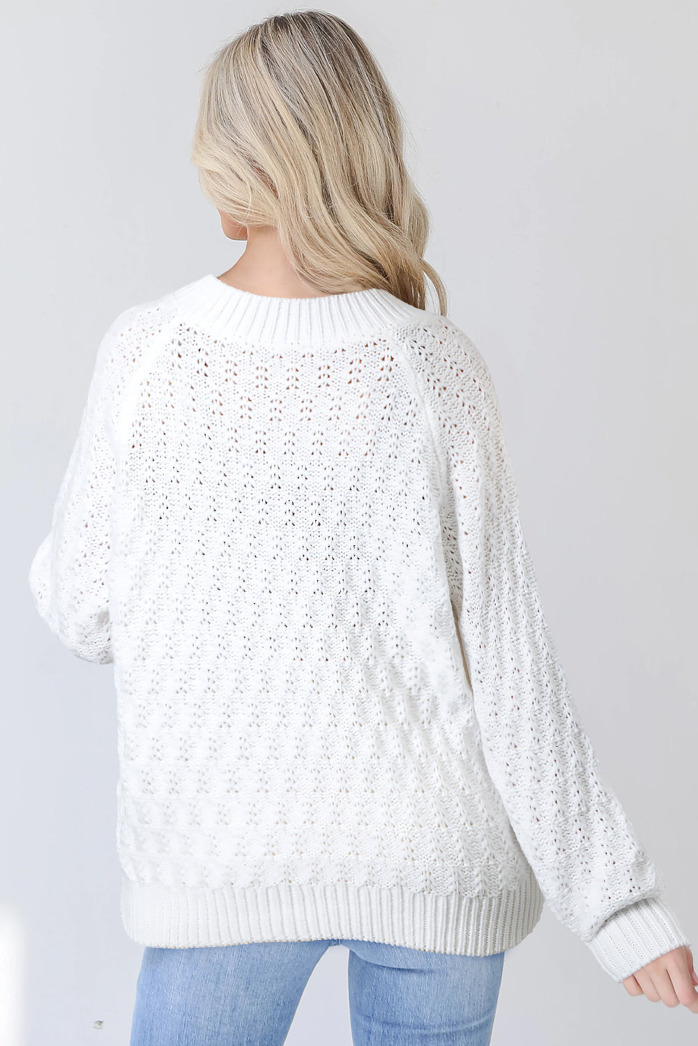 White Textured V-Neck Relaxed Sweater
