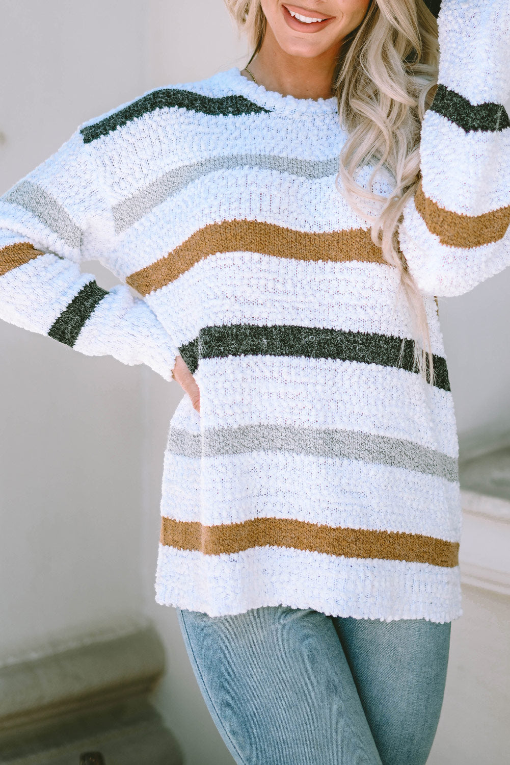Multicolor Stripe Popcorn-Knit Sweater