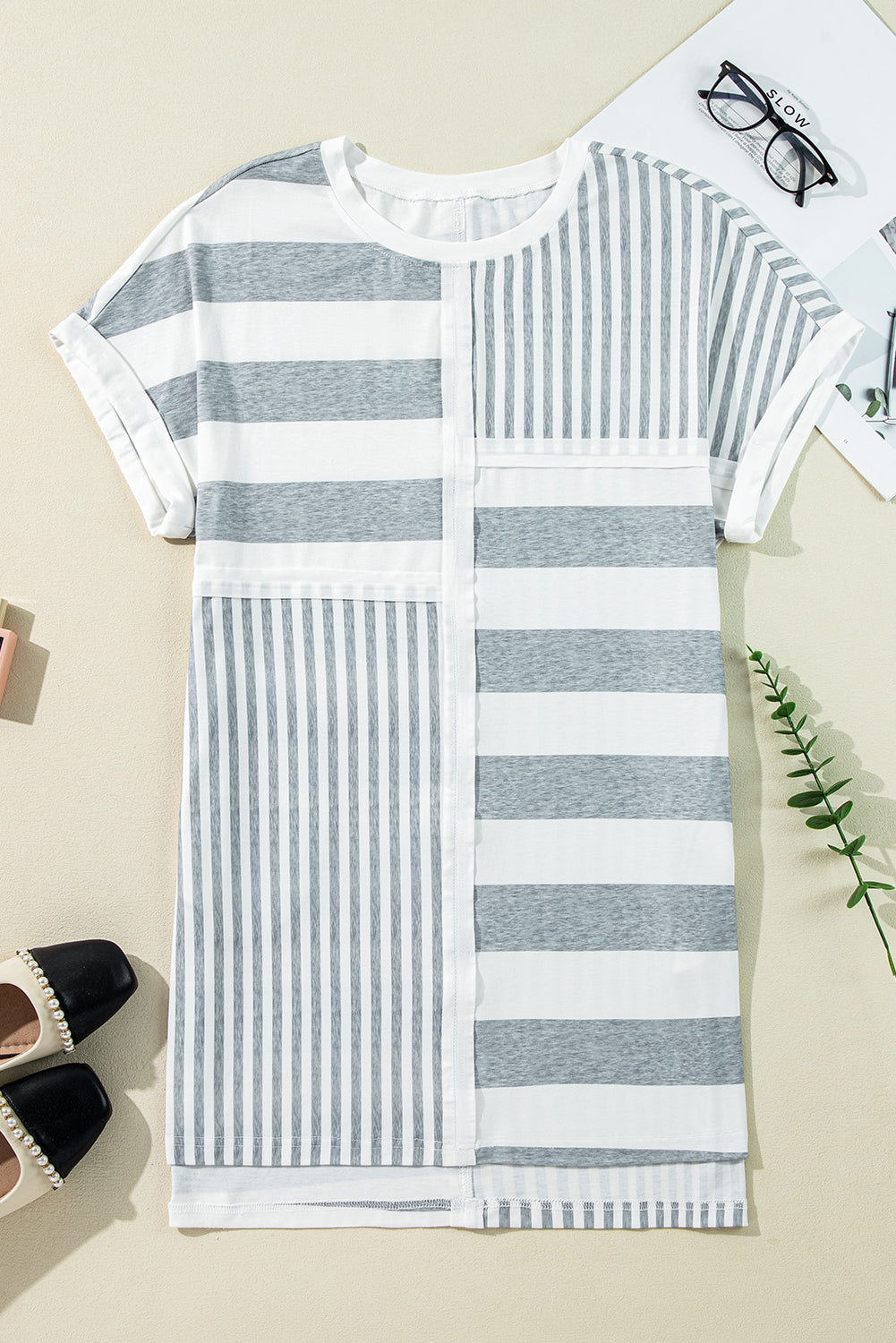 Gray Mixed-Stripe T-Shirt Shift Dress