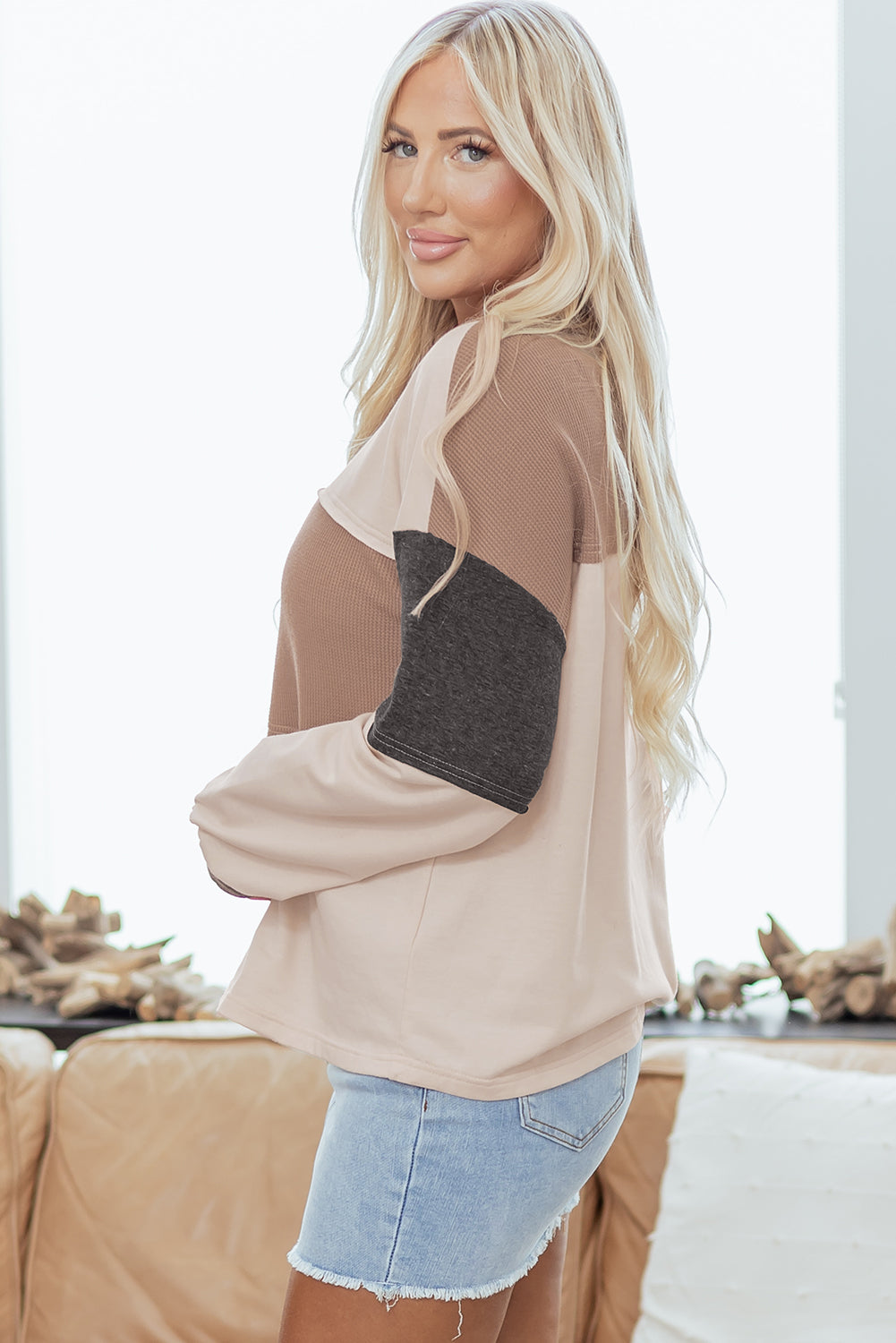 Jet Stream Color-Block Waffle-Knit Henley Top