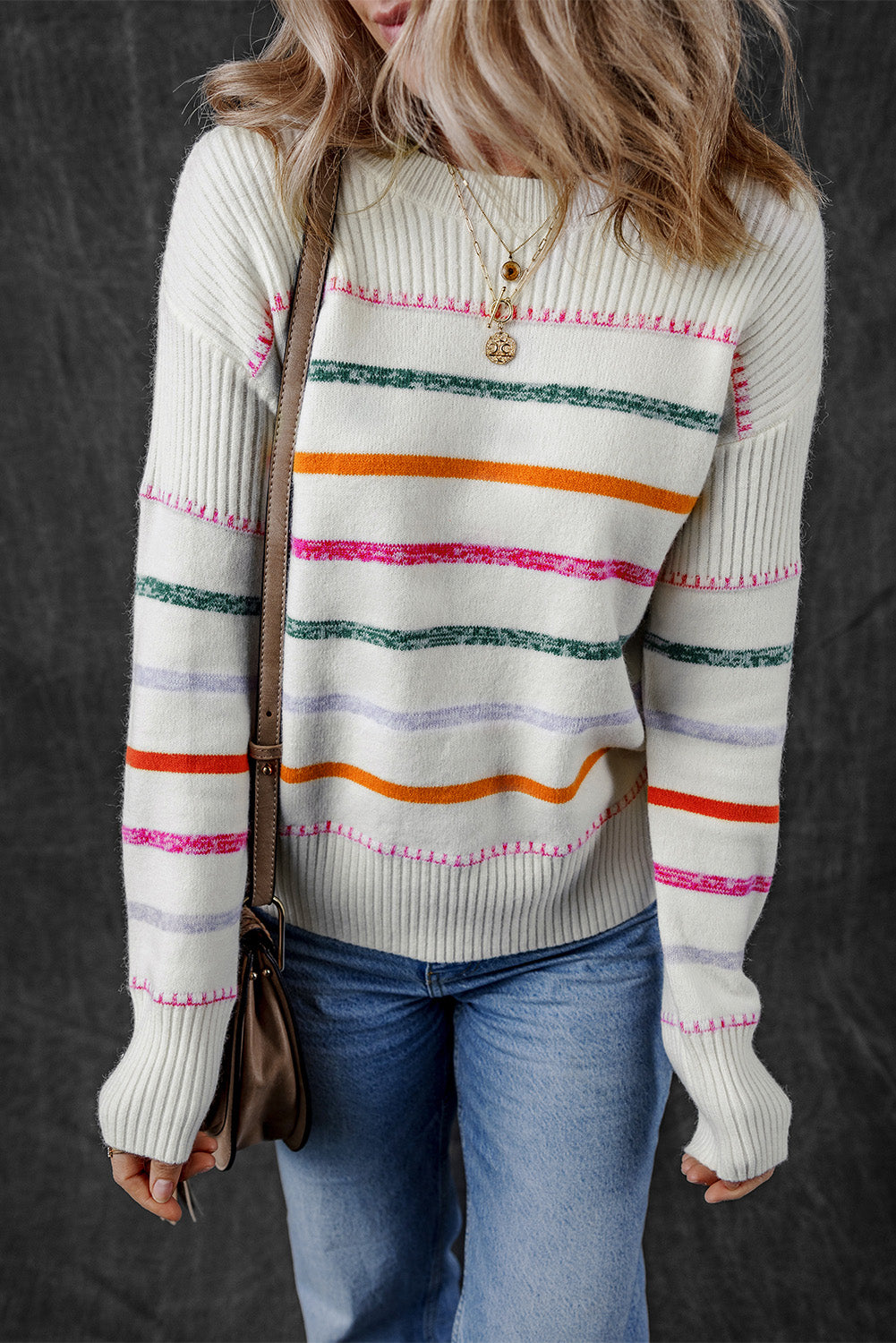 Black Multicolor Stripe Ribbed-Trim Sweater