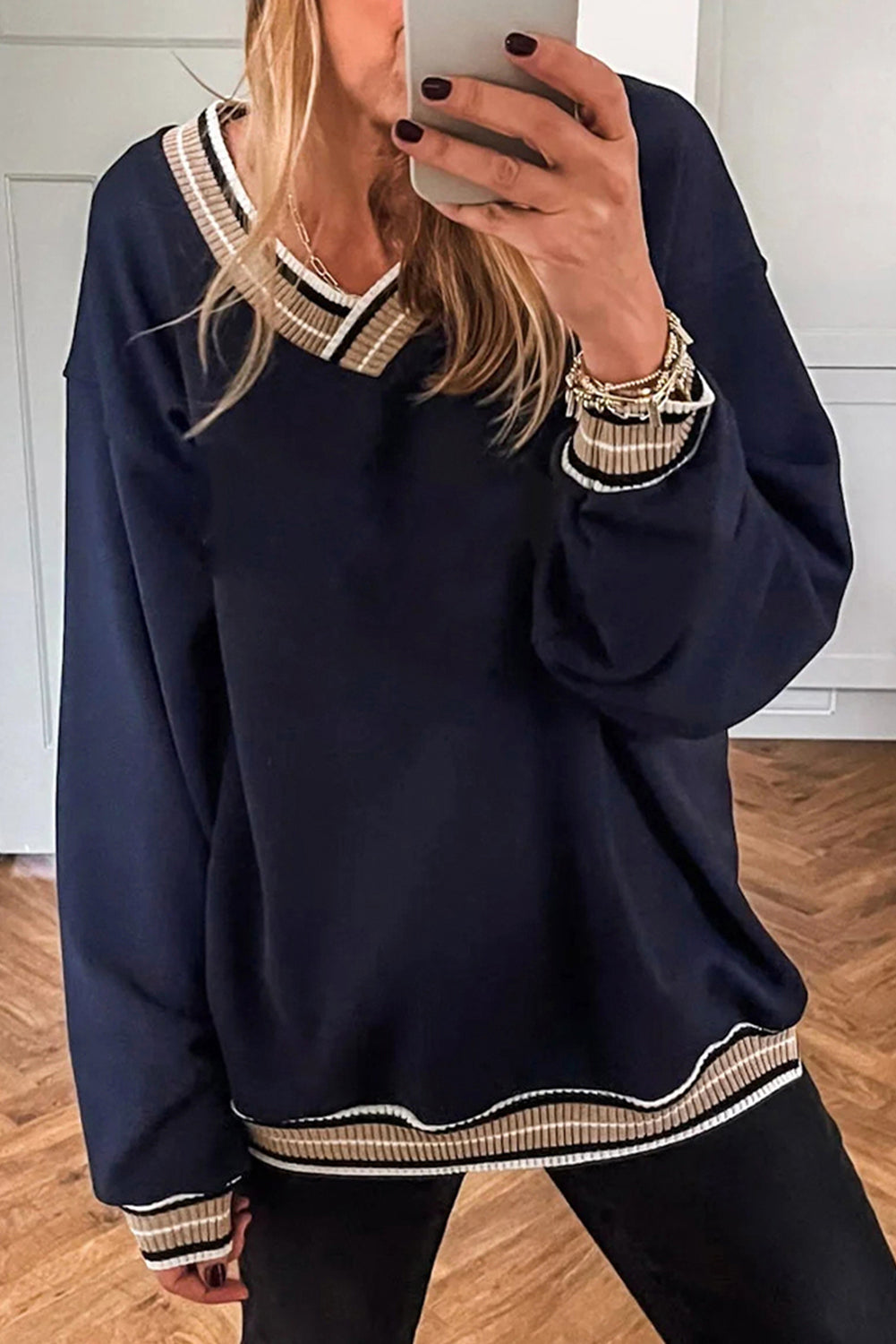 Navy Varsity Striped-Trim Sweatshirt