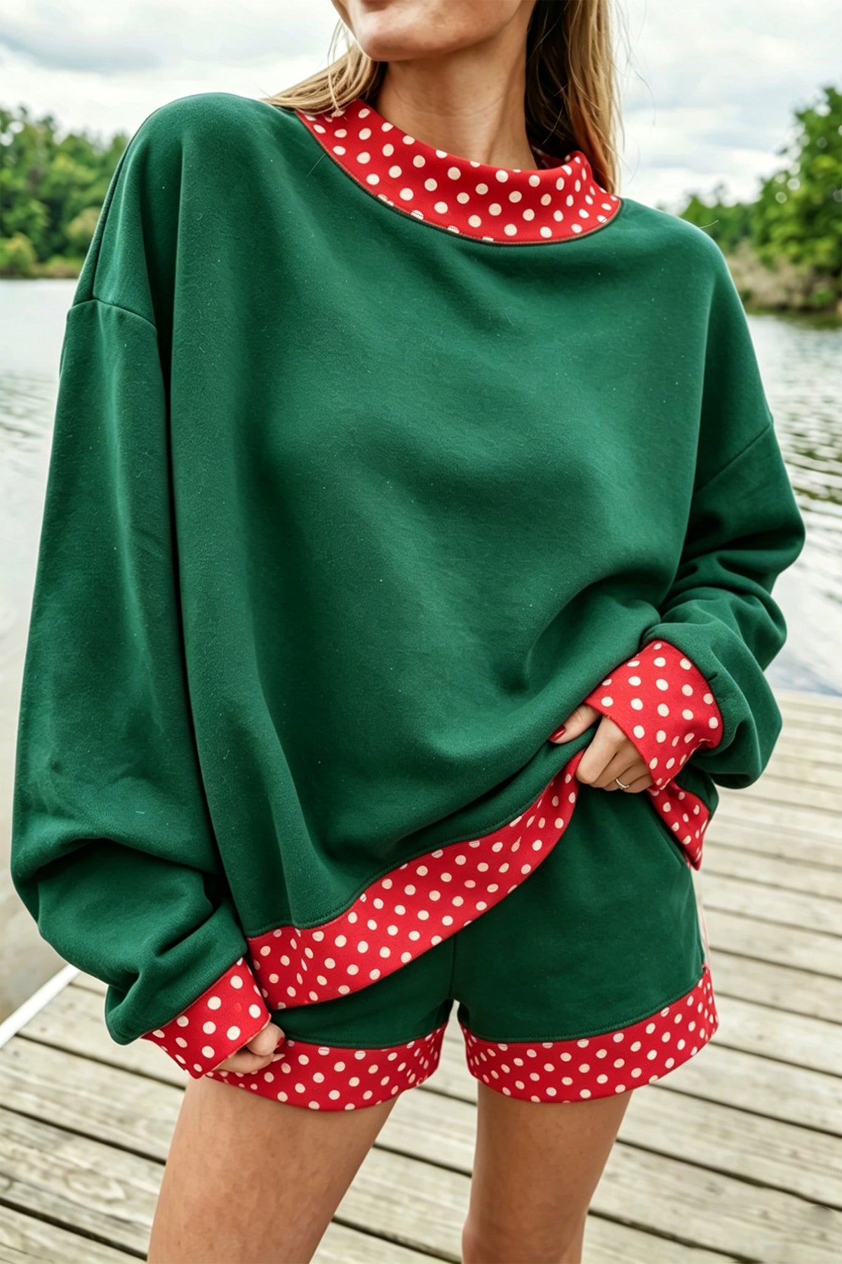 Polka-Dot Trim Pullover & Shorts Set