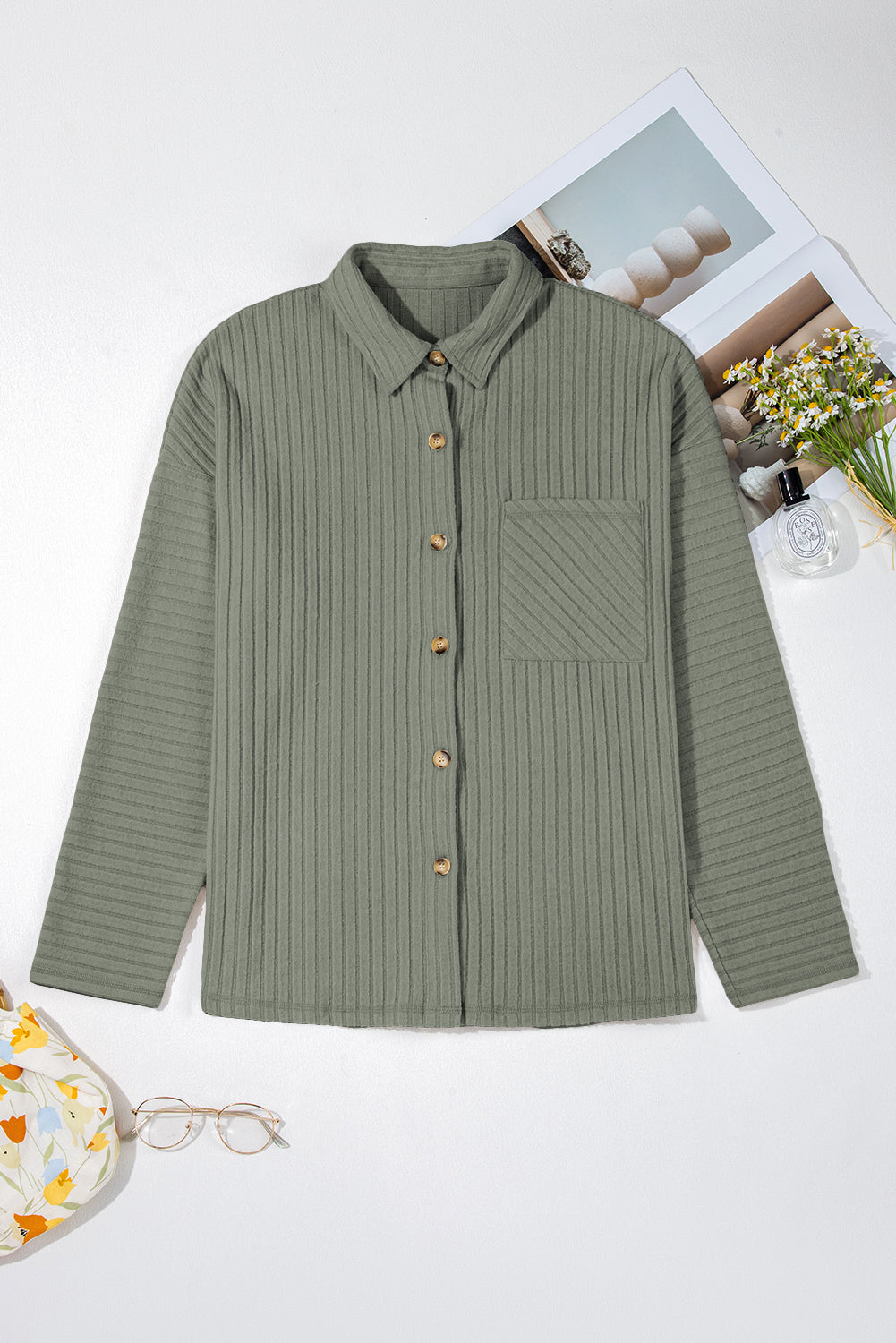 Mist Green Ribbed Button-Up Shacket