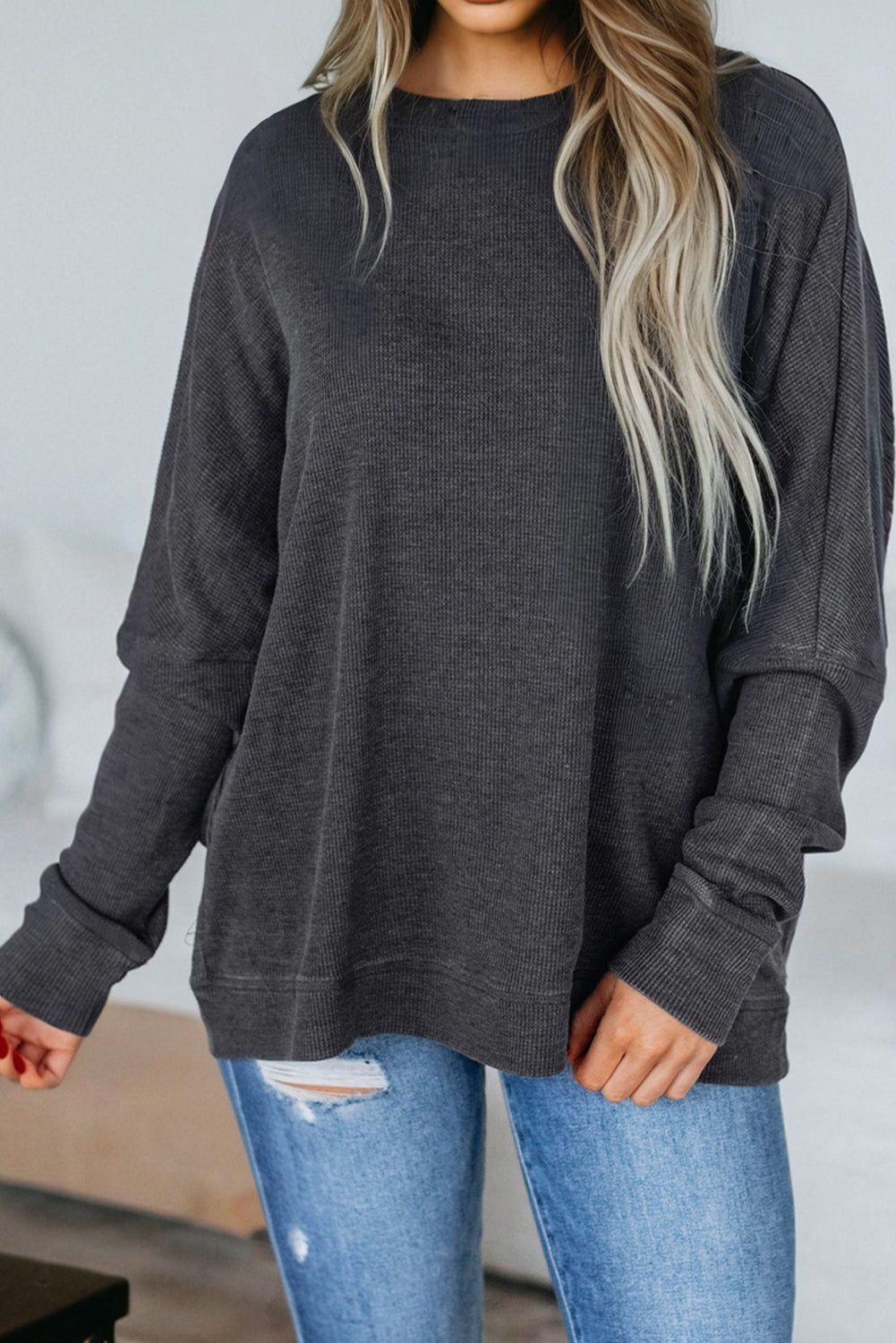 Dark Gray Waffle-Knit Relaxed Top