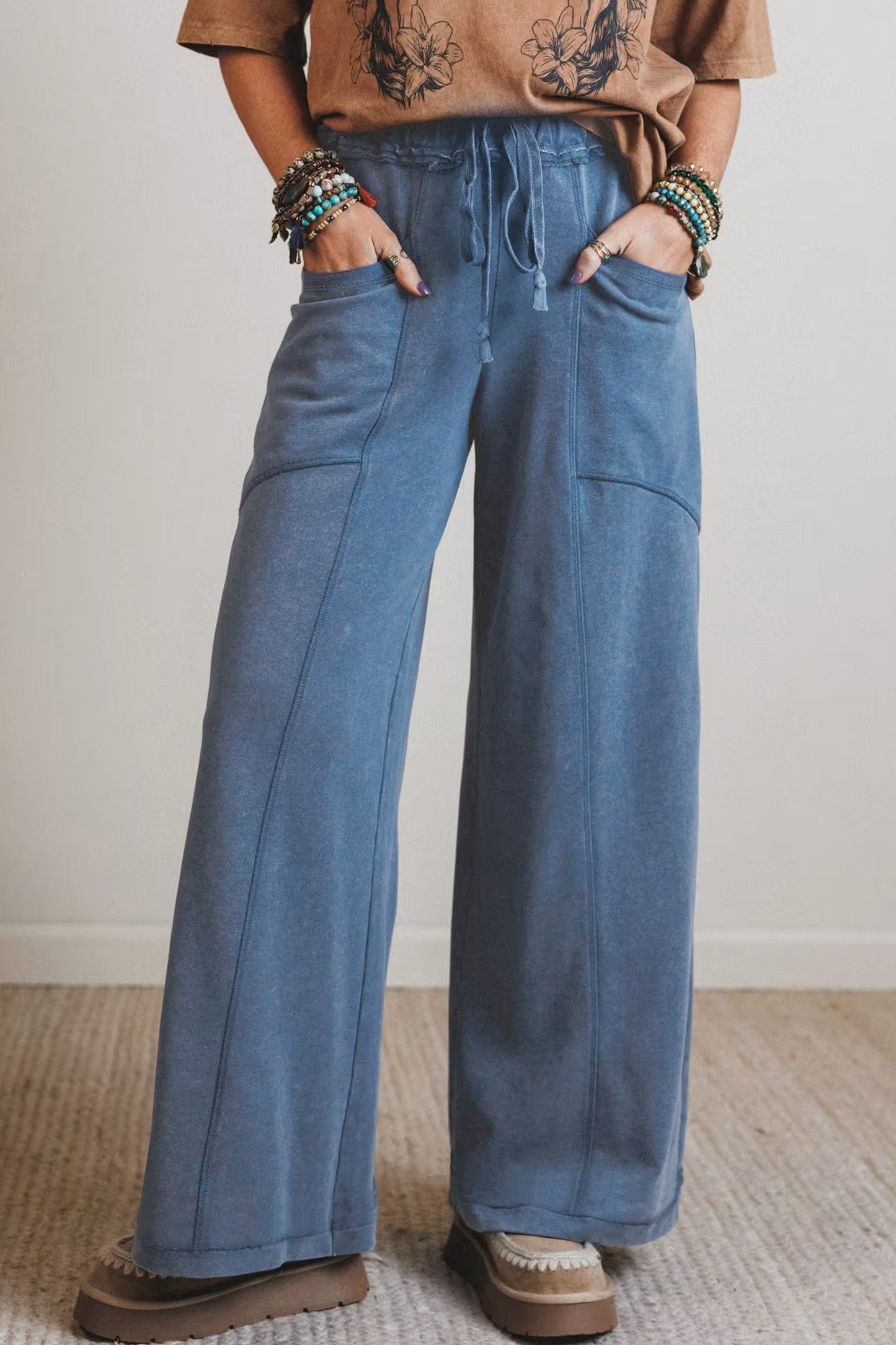 Smoke Gray Mineral Wash Drawstring Retro High-Waist Wide-Leg Pants
