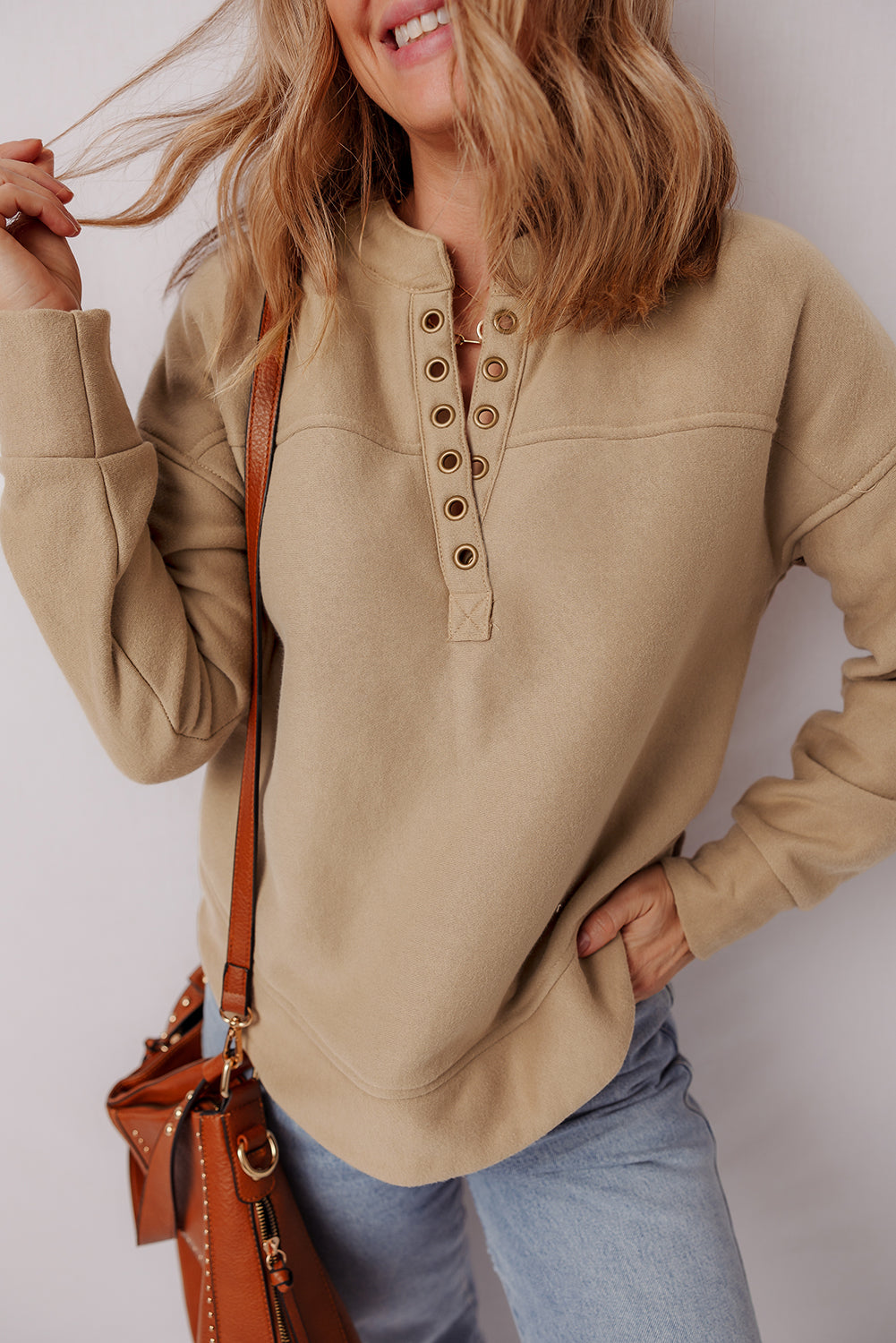 Light Beige Grommet V-Neck Sweatshirt