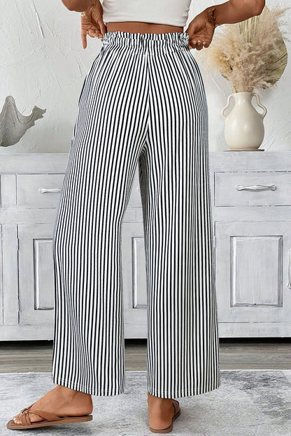 Black Stripe Tied High-Waist Loose Straight Casual Pants