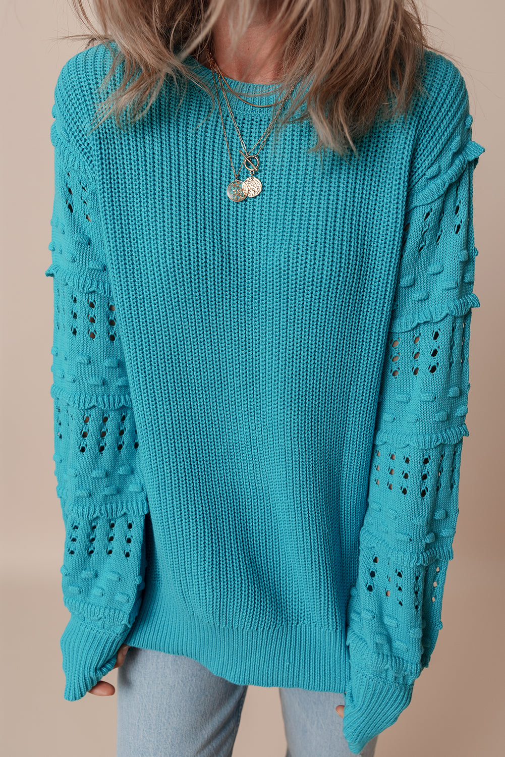 Turquoise Ruffle Eyelet Bubble-Sleeve Sweater