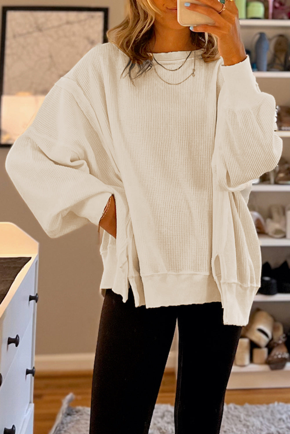 Gray Waffle-Knit Bishop-Sleeve Oversized Top