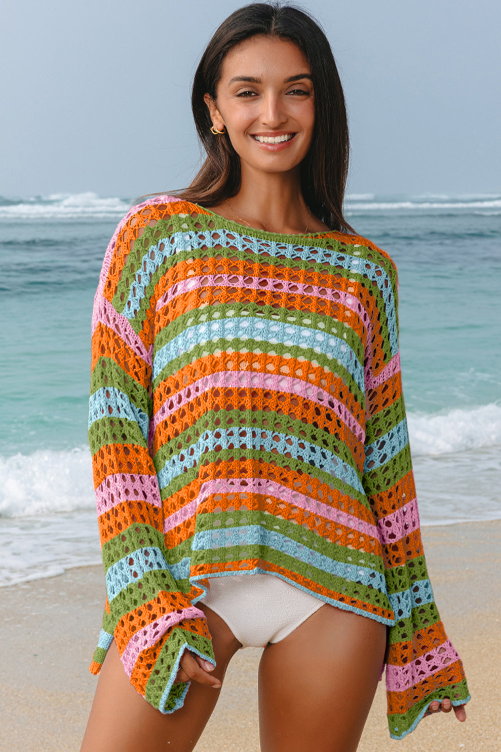 Purple Multicolor Stripe Open-Knit Beach Cover-Up