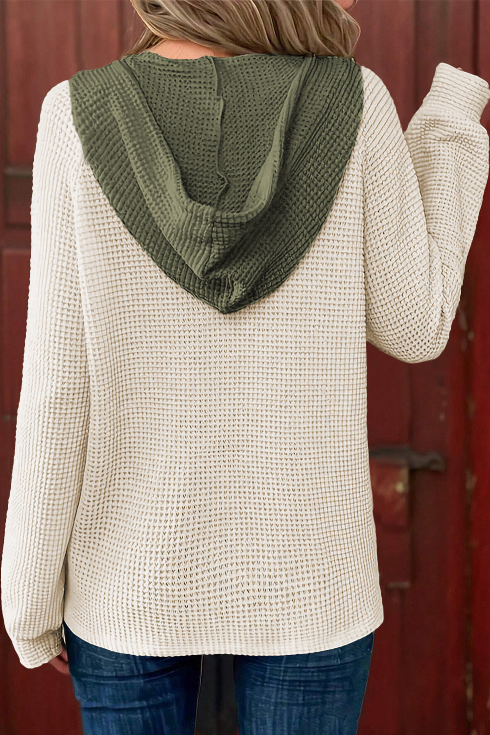White Waffle-Knit Contrast Hooded Top