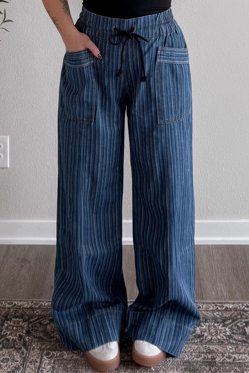 Blue Stripe Drawstring Wide-Leg Jeans