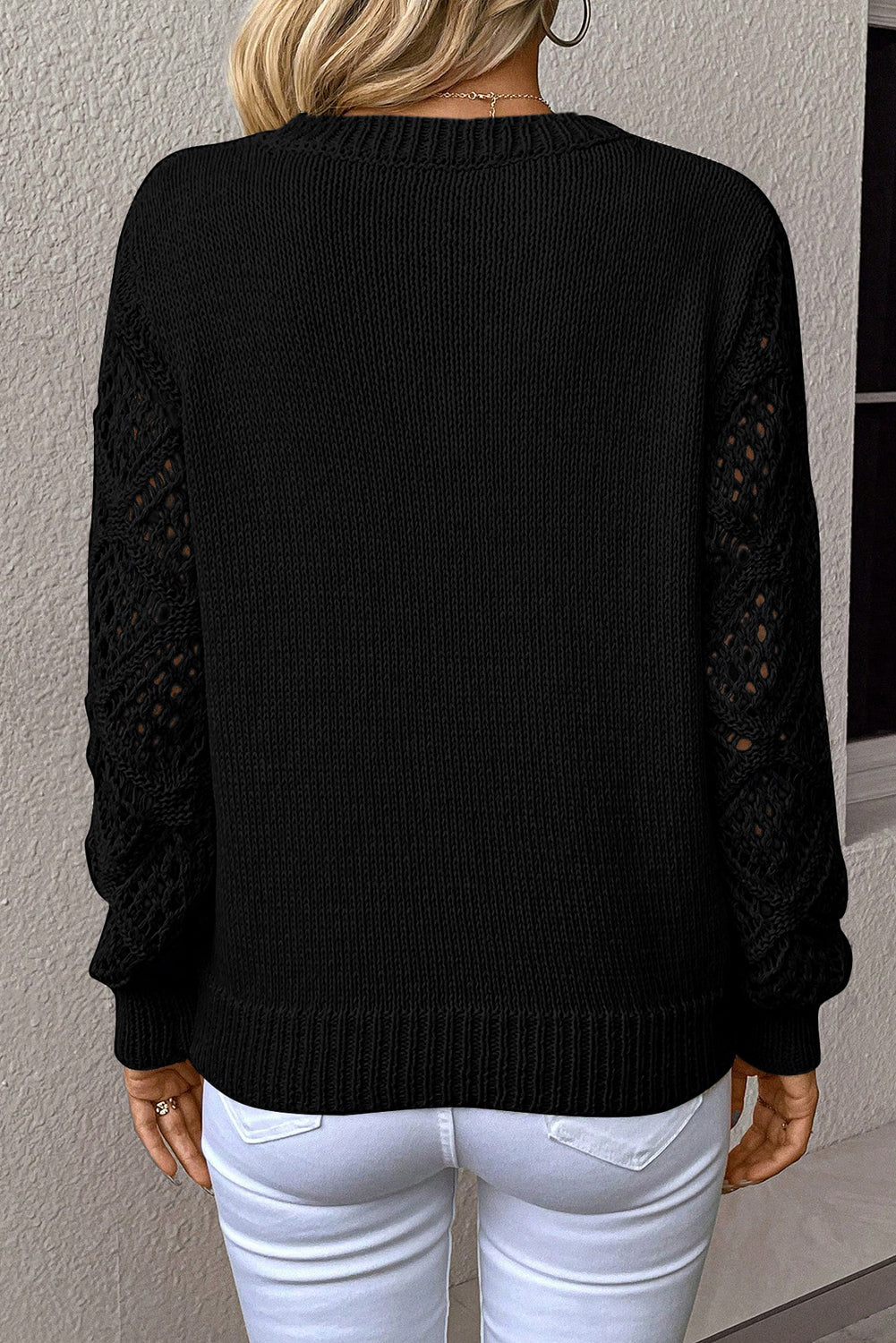 Black Pointelle-Sleeve V-Neck Sweater