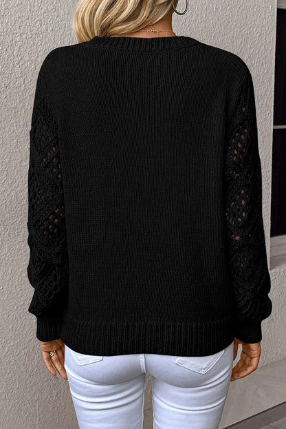 Black Pointelle-Sleeve V-Neck Sweater