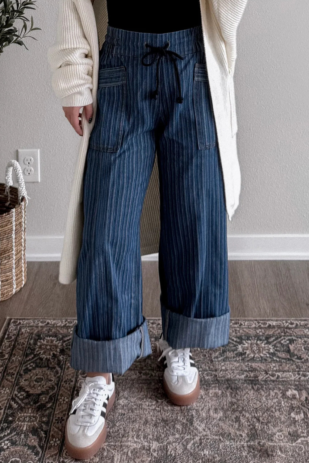 Blue Stripe Drawstring Wide-Leg Jeans