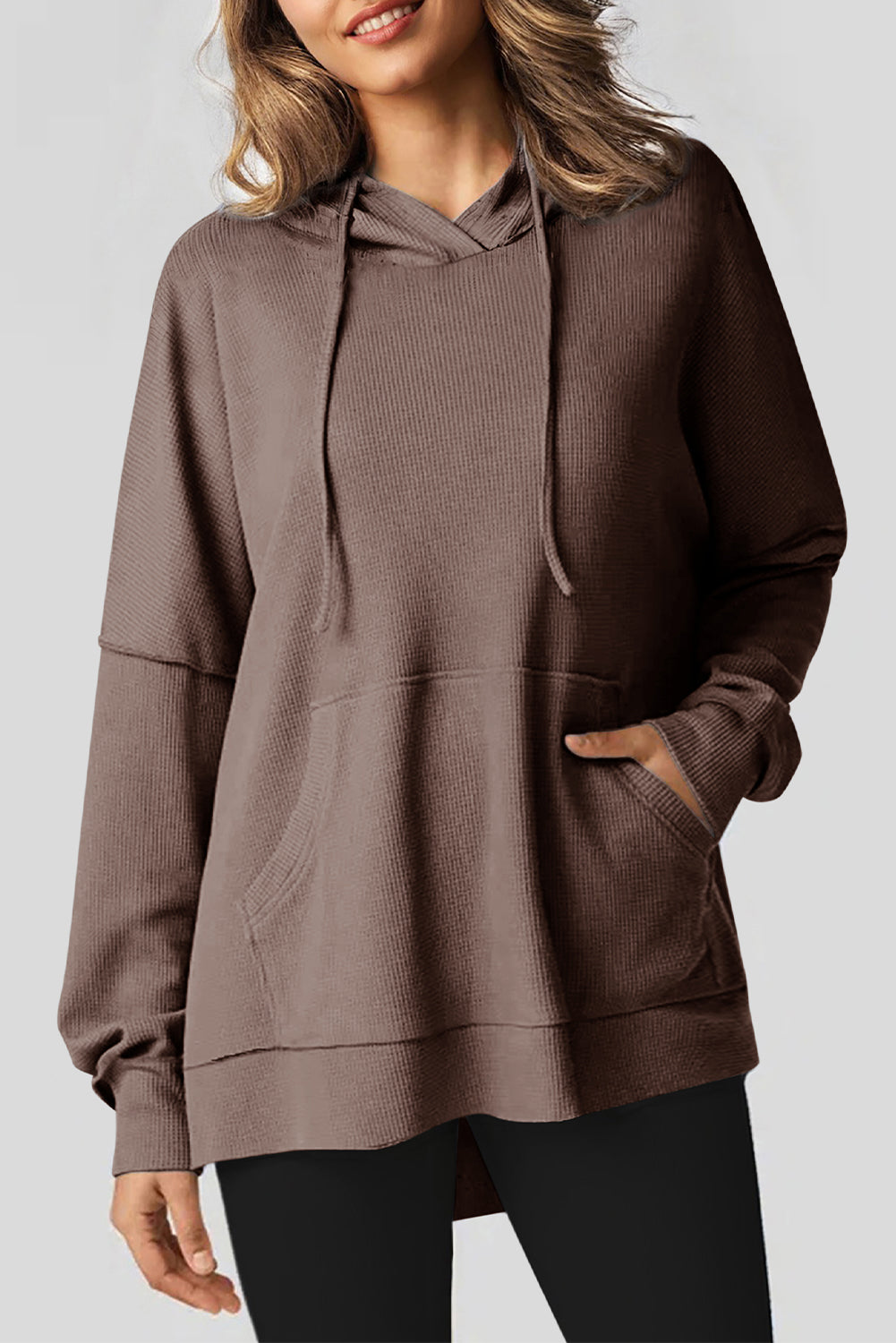 Black Waffle-Knit High-Low Oversized Hoodie