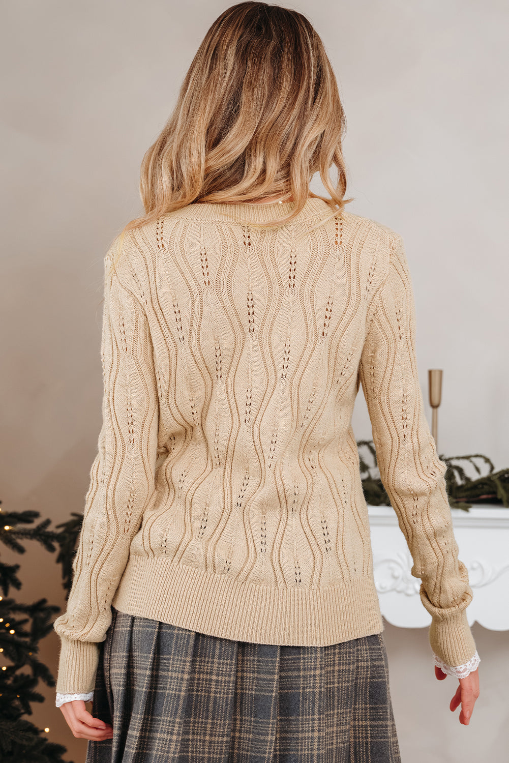 Smoke Gray Beaded Pointelle V-Neck Sweater