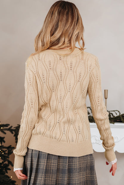 Smoke Gray Beaded Pointelle V-Neck Sweater