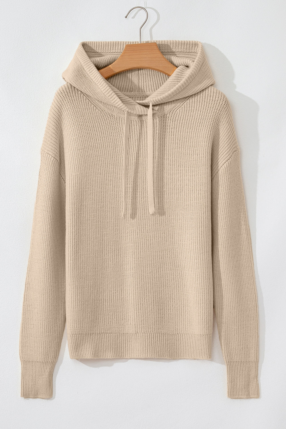 Beige Drawstring-Hood Knit Pullover Sweater