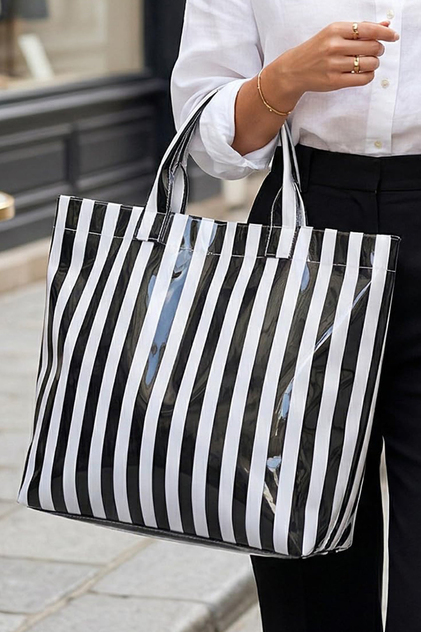 Red Glossy Striped Vinyl Large Tote Bag (Color Varied)