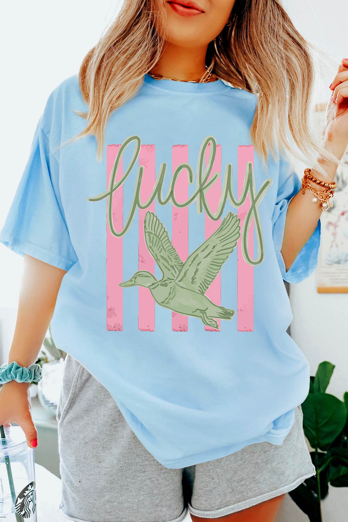 Light Blue Lucky Duck Graphic T-Shirt