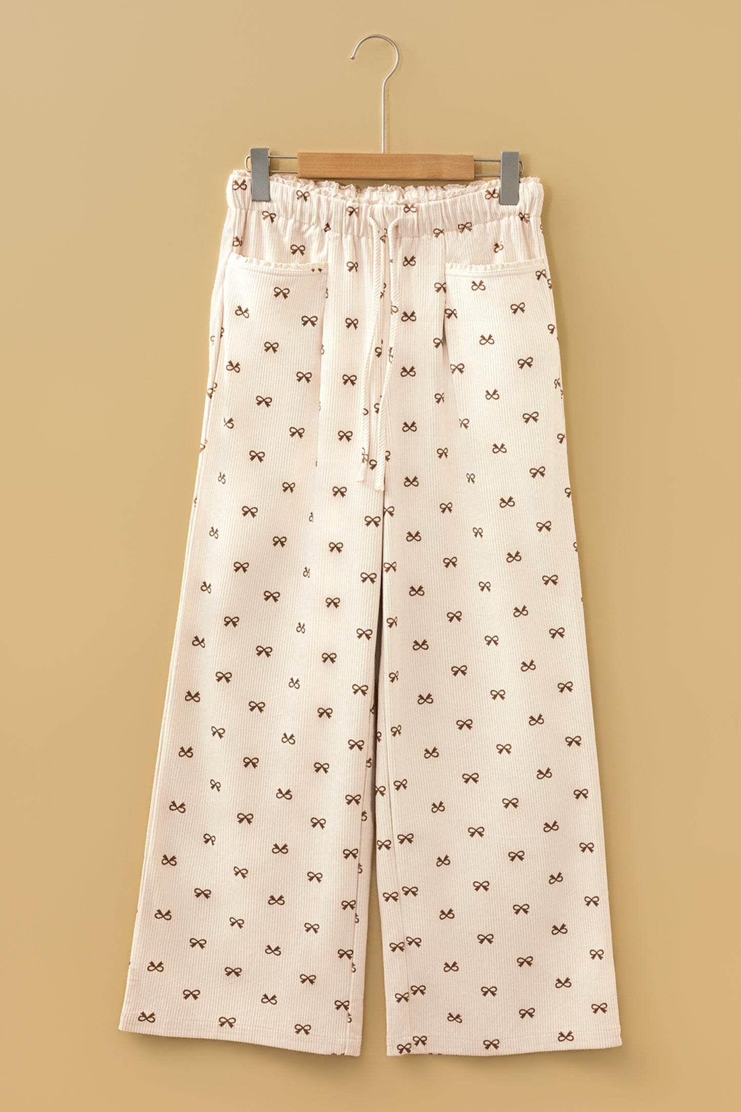 Apricot Bow-Print Corduroy Pants