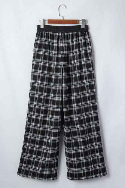 Black Frenchy Plaid Pattern Contrast Drawstring Waist Wide-Leg Pants