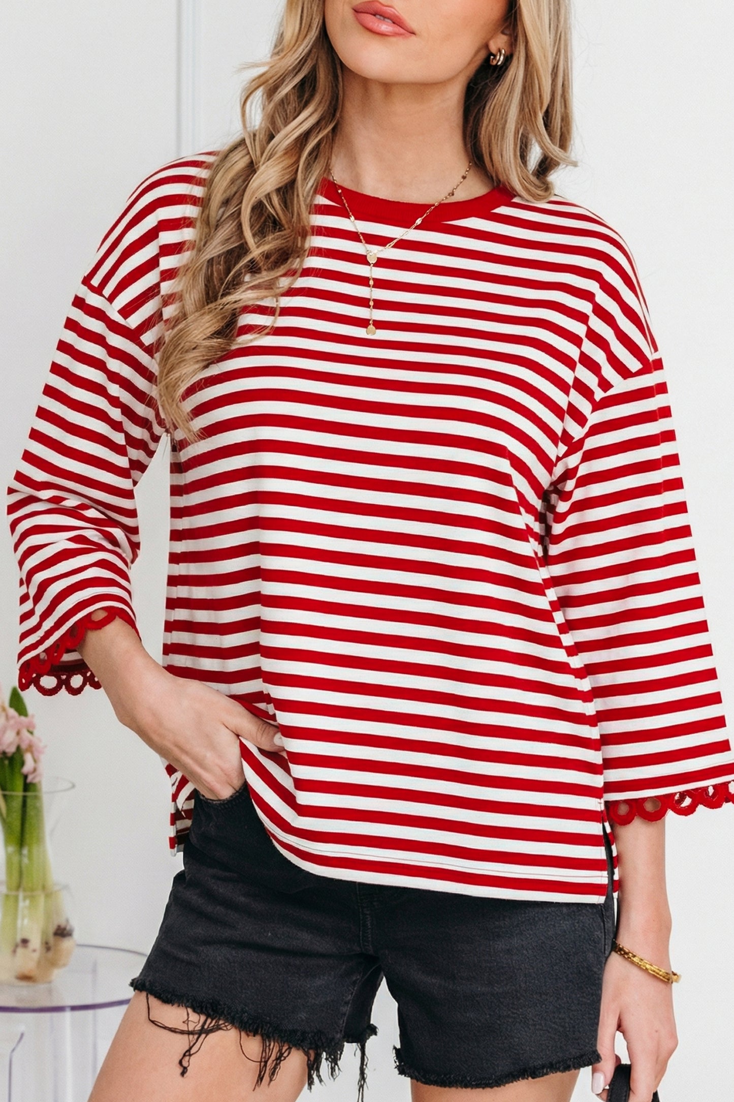 Racing Red Striped Lace-Trim Top