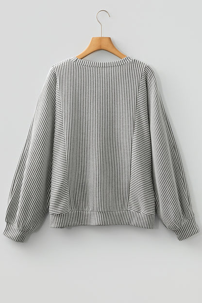 Gray Ribbed Lantern-Sleeve Knit Top