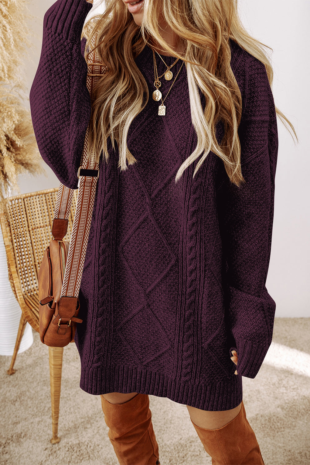 Parchment Cable Knit Drop Shoulder Loose Fit Sweater Dress